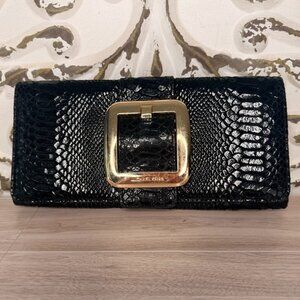 Michael Kors Black Snake Embossed Leather Buckle Envelope Clutch Evening Bag